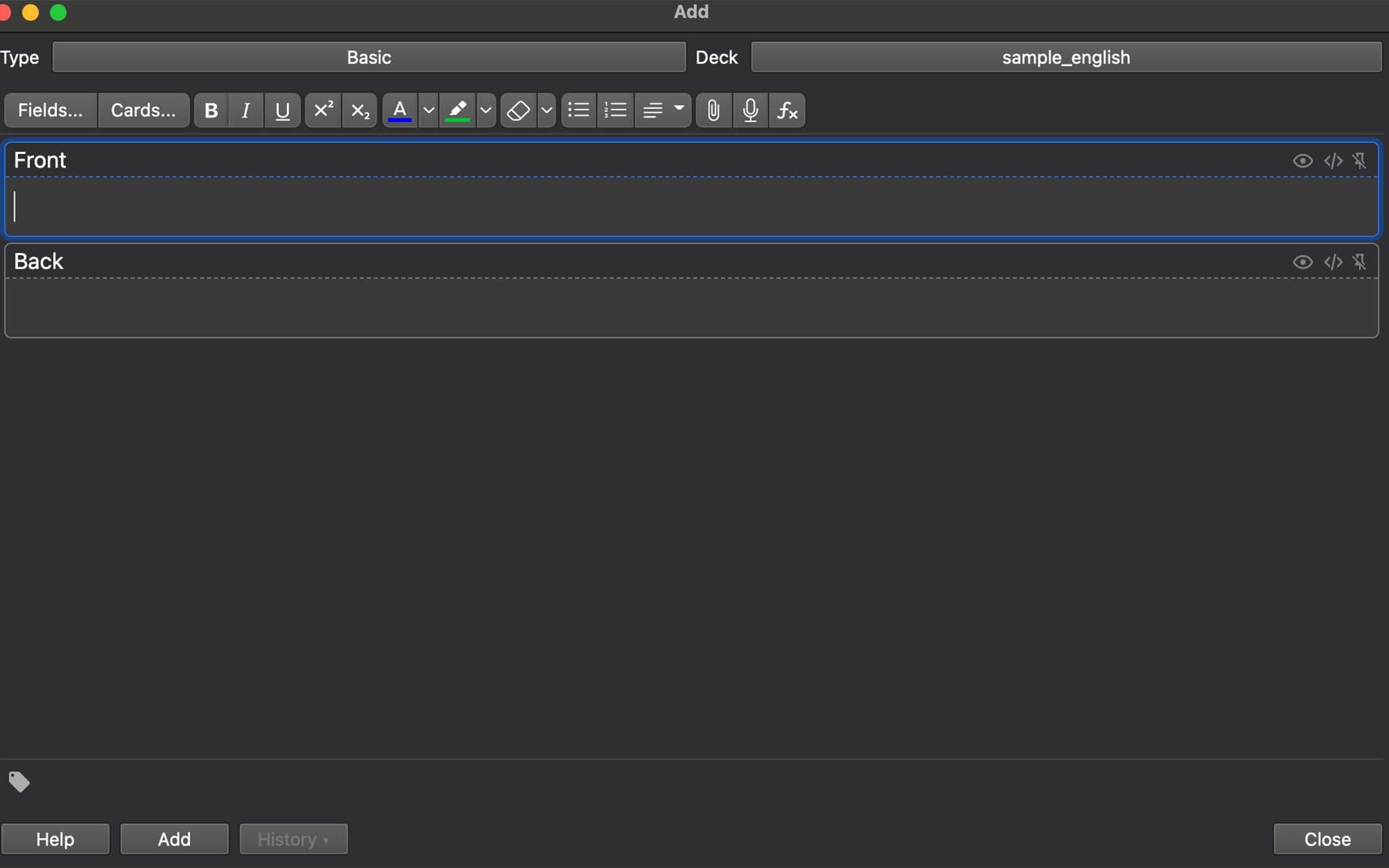 Anki: the add card screen on Mac