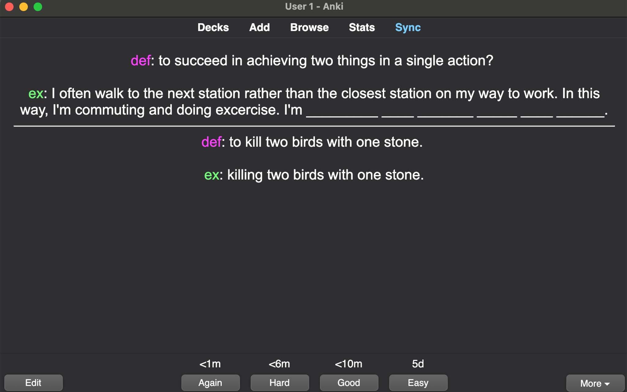 Anki: question and answer for the definition and gap fill style card